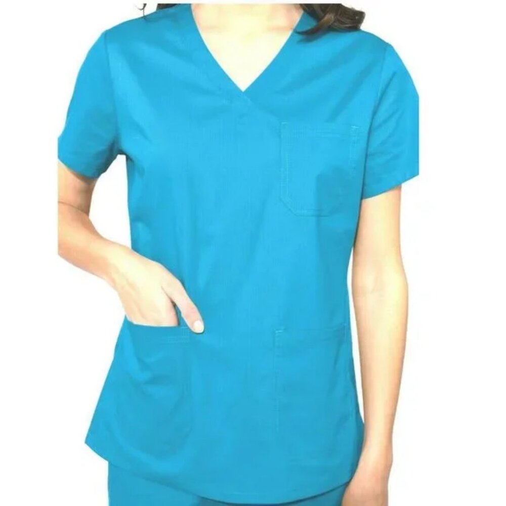 NEW MED COUTURE Turquoise Delight Teal 3 Pocket Stretchy Short Sleeve Scrub Top